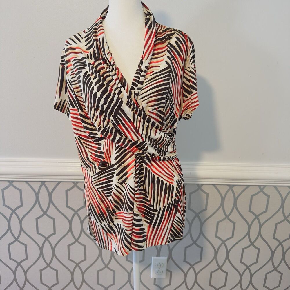 NWT DKNY Faux Wrap Short Sleeve V Neck Top Sze XL Cream Brown Tan Orange Stripe